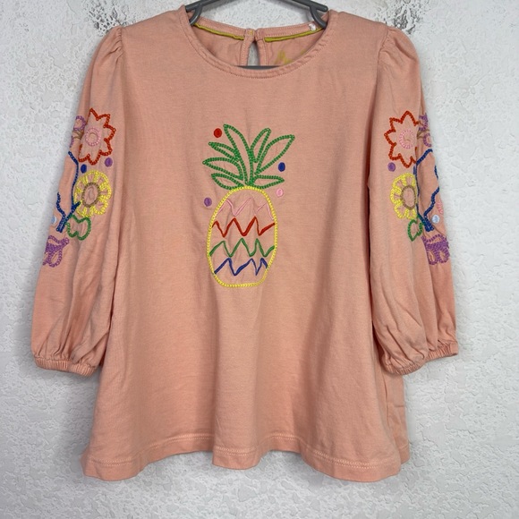 Mini Boden Other - Mini Boden Shirt Girls 5-6Y Peach Embroidered Pineapple Floral Boho Whimsical